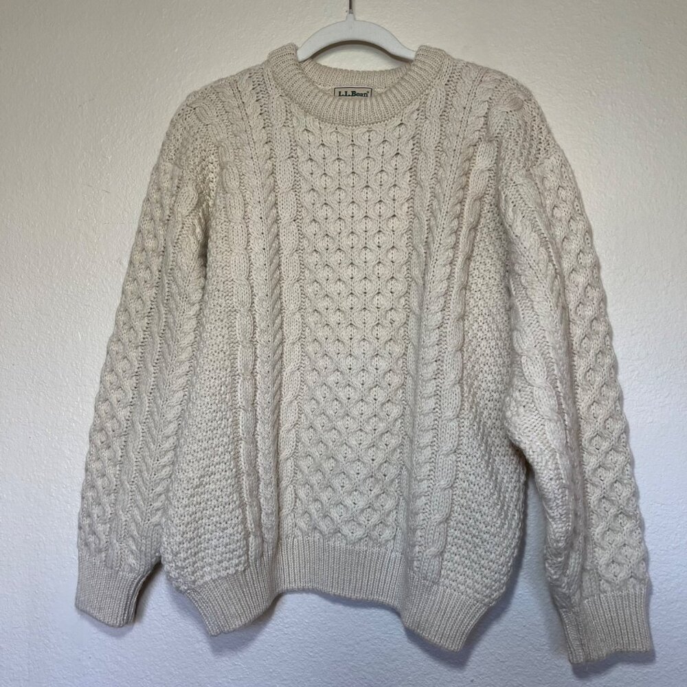 L.L. Bean Vintage Womens Cable Knit Sweater Medium wool Made In Ireland Cream